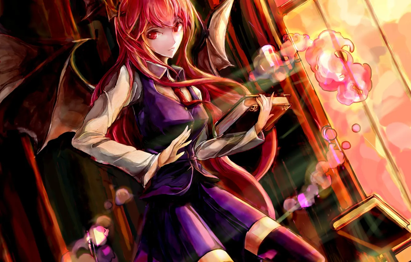 Photo wallpaper girl, wings, window, art, book, touhou, koakuma, poyan noken