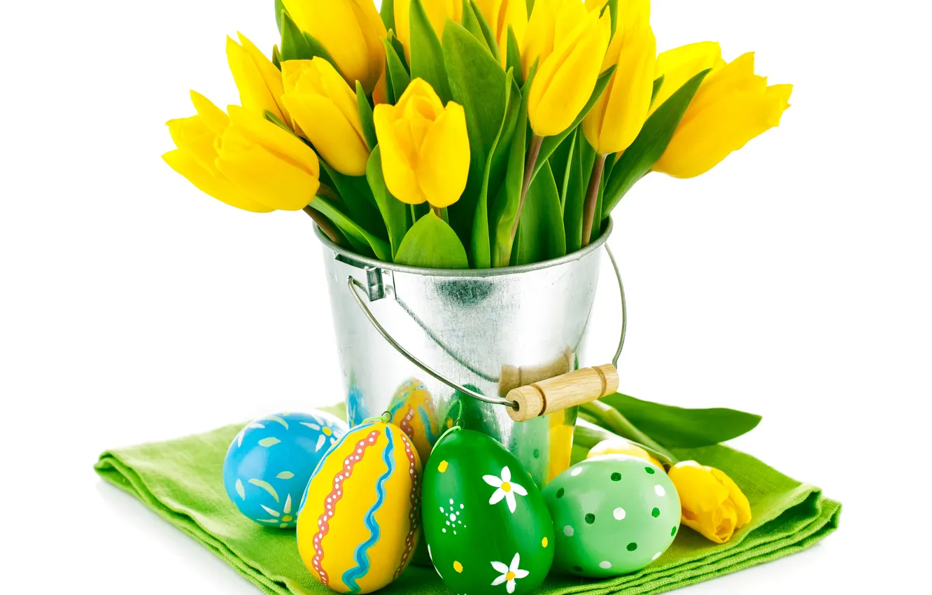 Photo wallpaper flowers, eggs, bouquet, Easter, tulips, yellow tulips