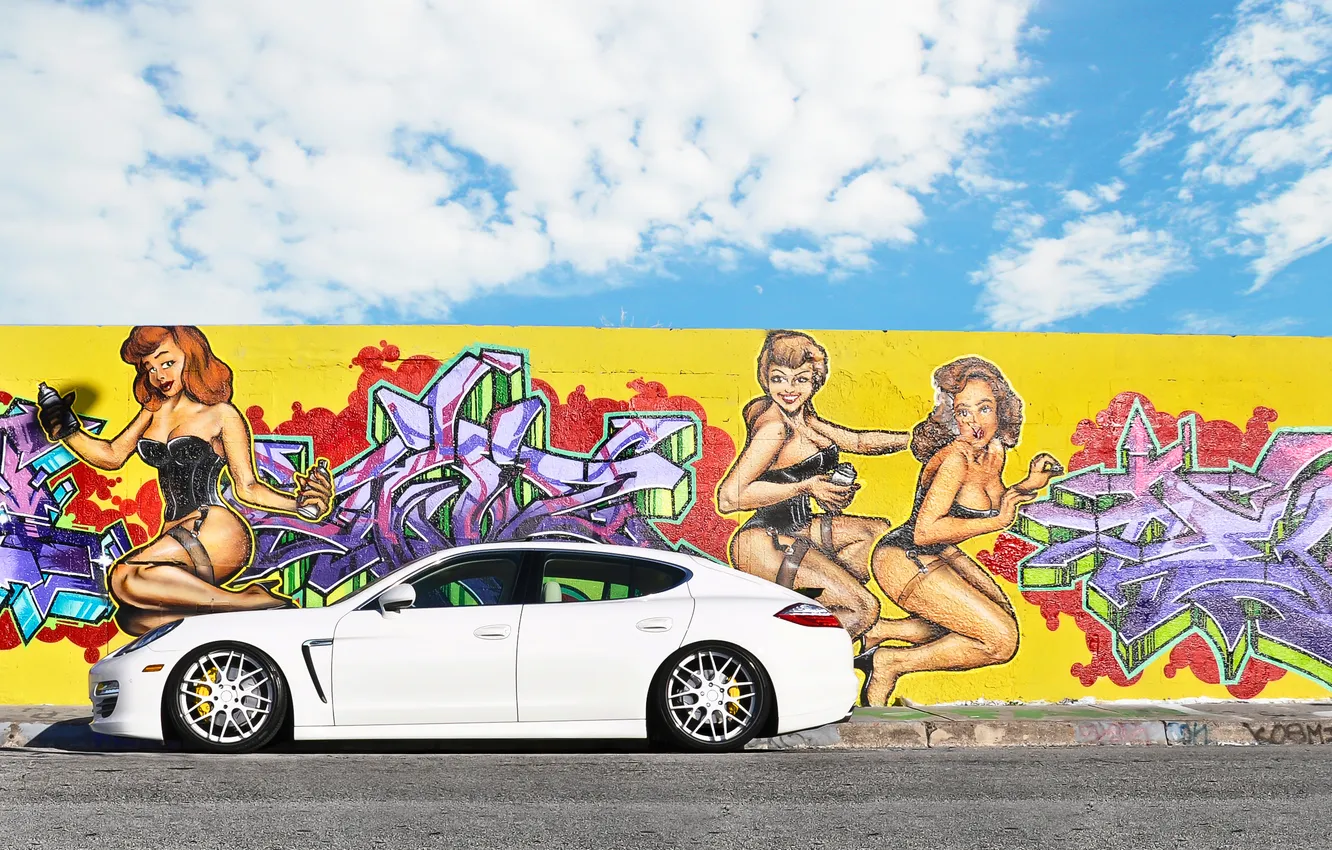 Photo wallpaper white, the sky, clouds, graffiti, Porsche, Panamera, white, Porsche