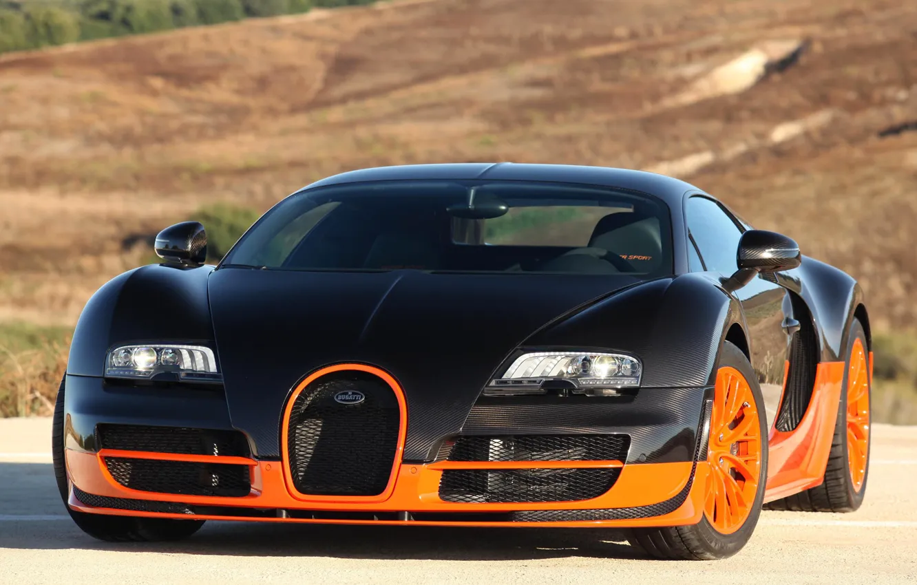 Photo wallpaper supercar, Bugatti Veyron, black, Super Sport, orange, hypercar, 16.4, quick