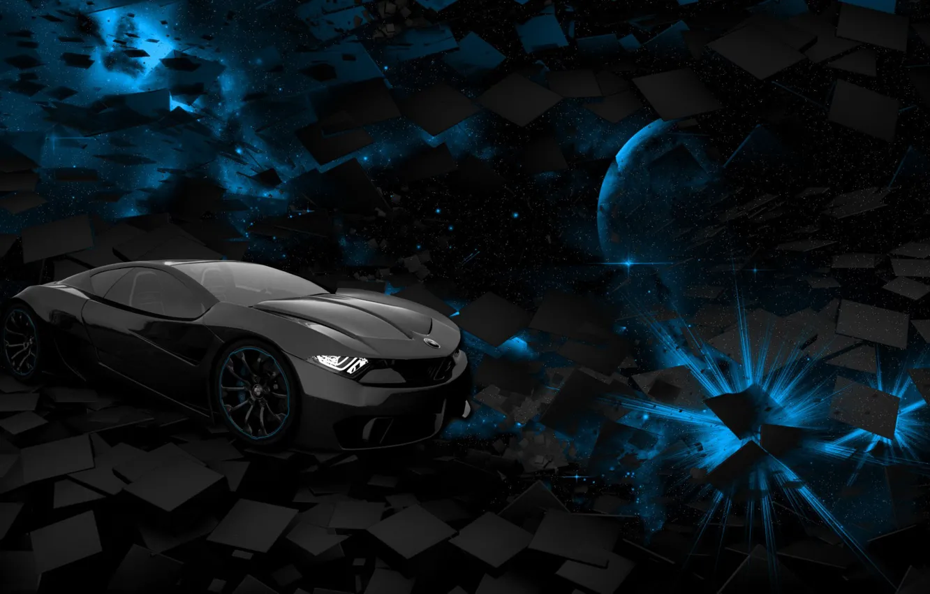 Photo wallpaper car, space, black, blue, square, background, planet, rendering