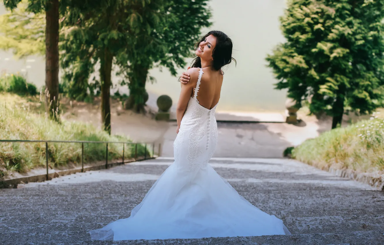 Photo wallpaper girl, joy, back, laughter, dress, the bride