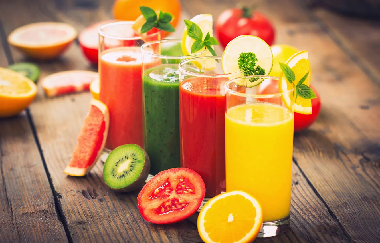 Photo wallpaper orange, kiwi, juice, juice, tomato, orange, drinks, tomatoes