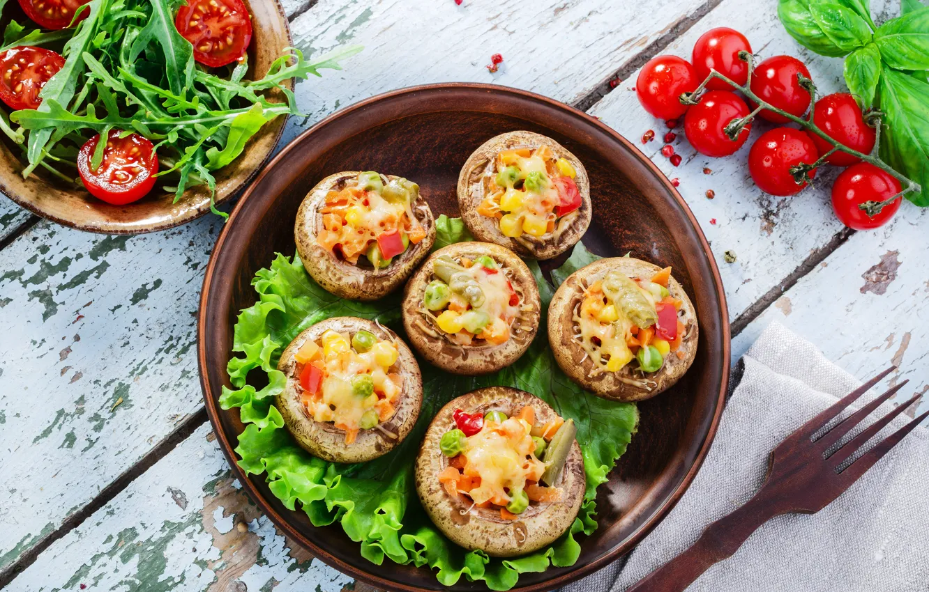 Photo wallpaper mushrooms, food, vegetables, tomatoes, grill, baked mushrooms