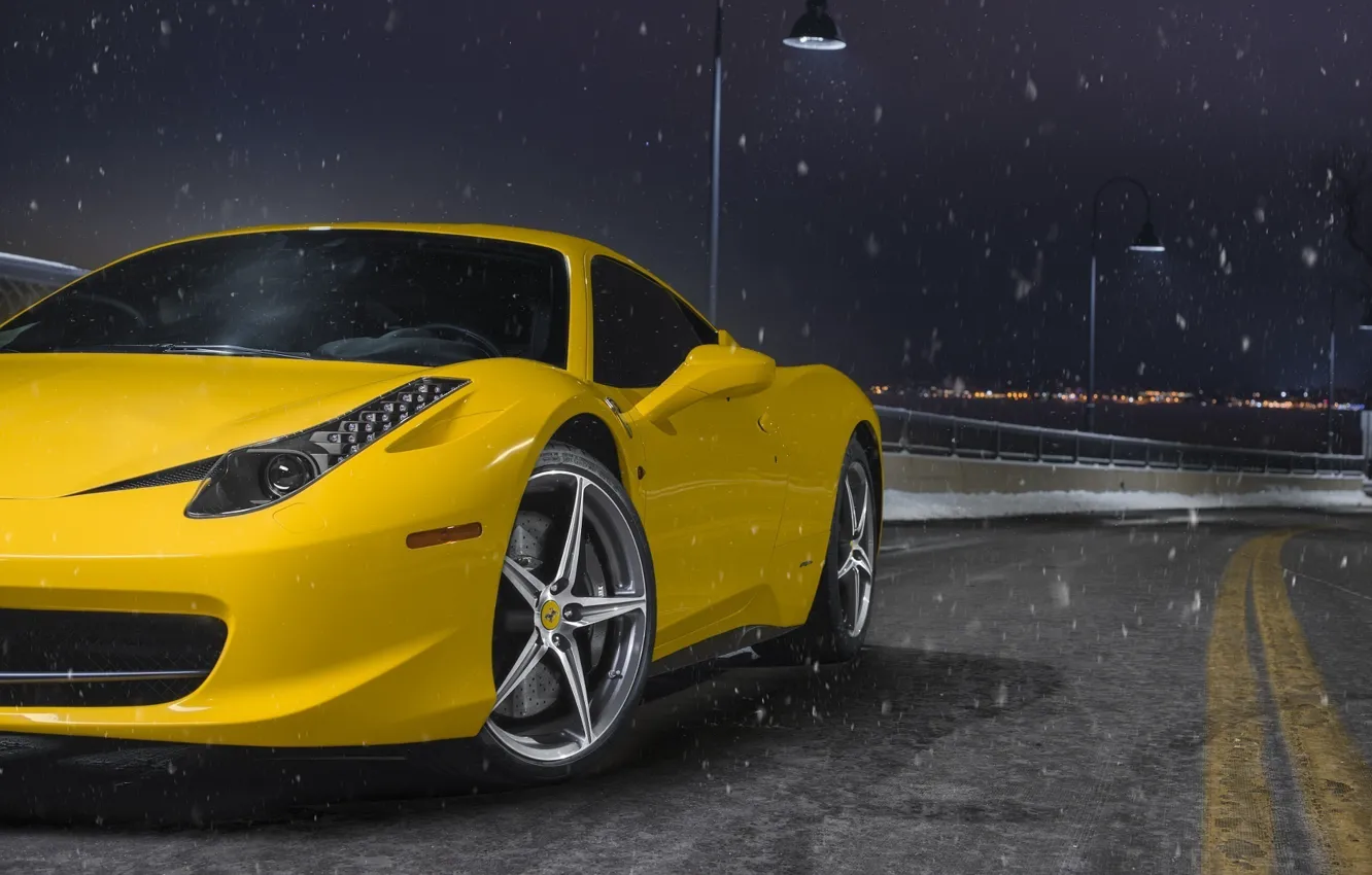 Photo wallpaper Ferrari, 458, Front, Snow, Yellow, Italia, Road, Supercar