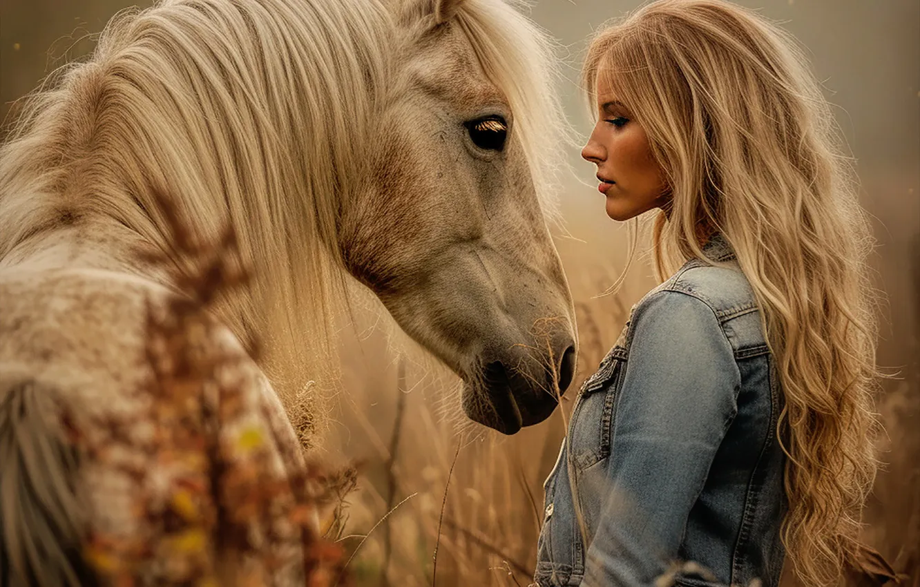 Photo wallpaper look, girl, each, horse, horse, blonde, profile, long hair