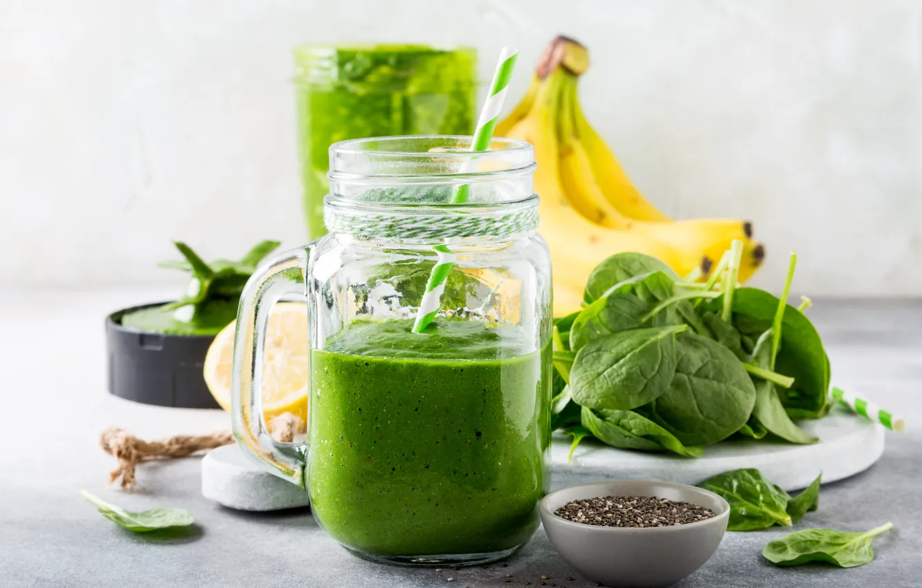 Photo wallpaper bananas, cocktail, smoothies, spinach, Chia, Iryna Melnyk