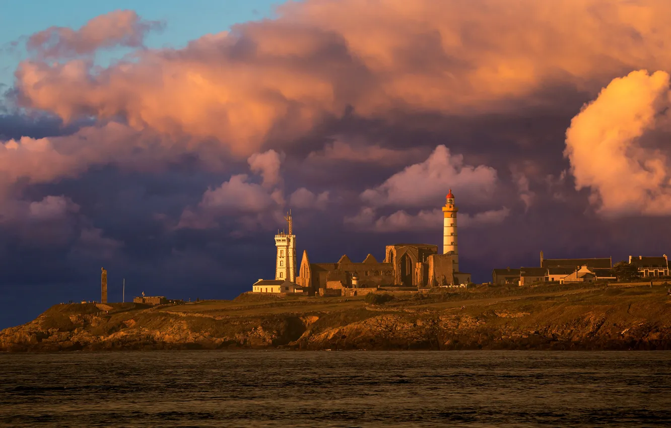 Photo wallpaper sea, the sky, clouds, light, clouds, shore, France, lighthouse
