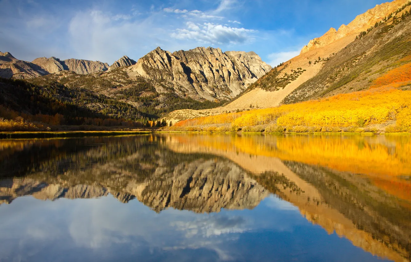 Photo wallpaper autumn, forest, the sky, clouds, mountains, lake