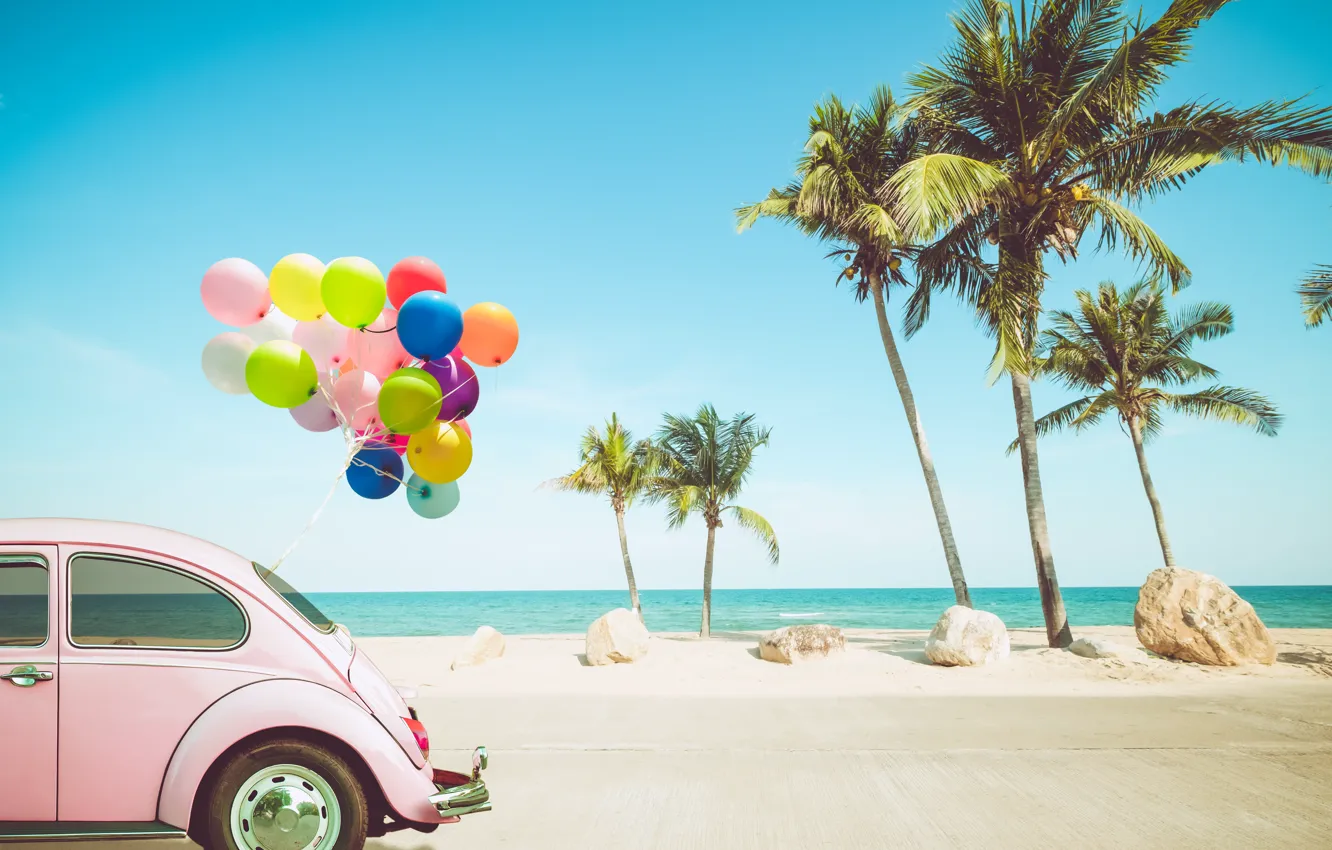Photo wallpaper sand, sea, wave, car, beach, summer, the sky, balloons