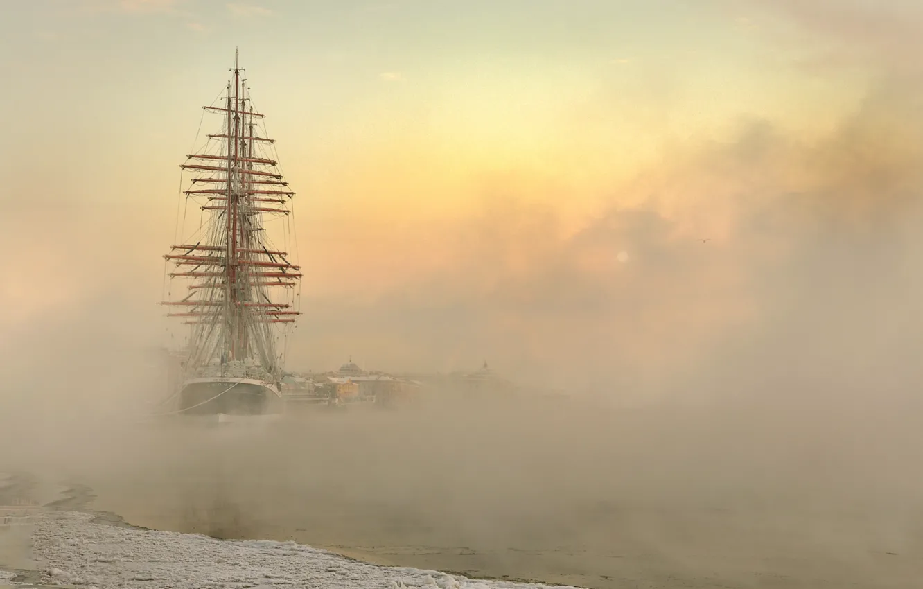Photo wallpaper winter, the city, fog, ship, sailboat, frost, couples