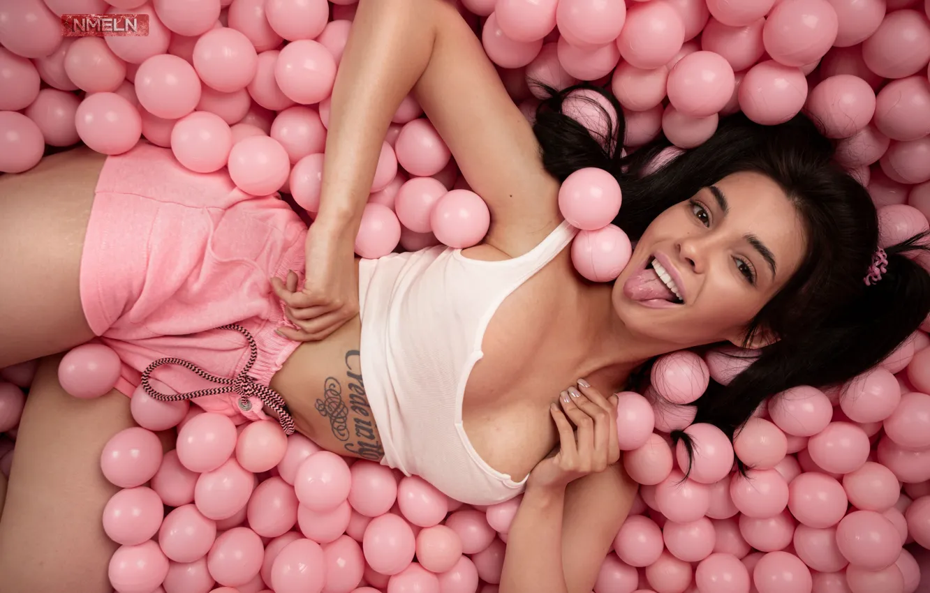 Photo wallpaper language, look, girl, balls, pose, mood, shorts, tattoo