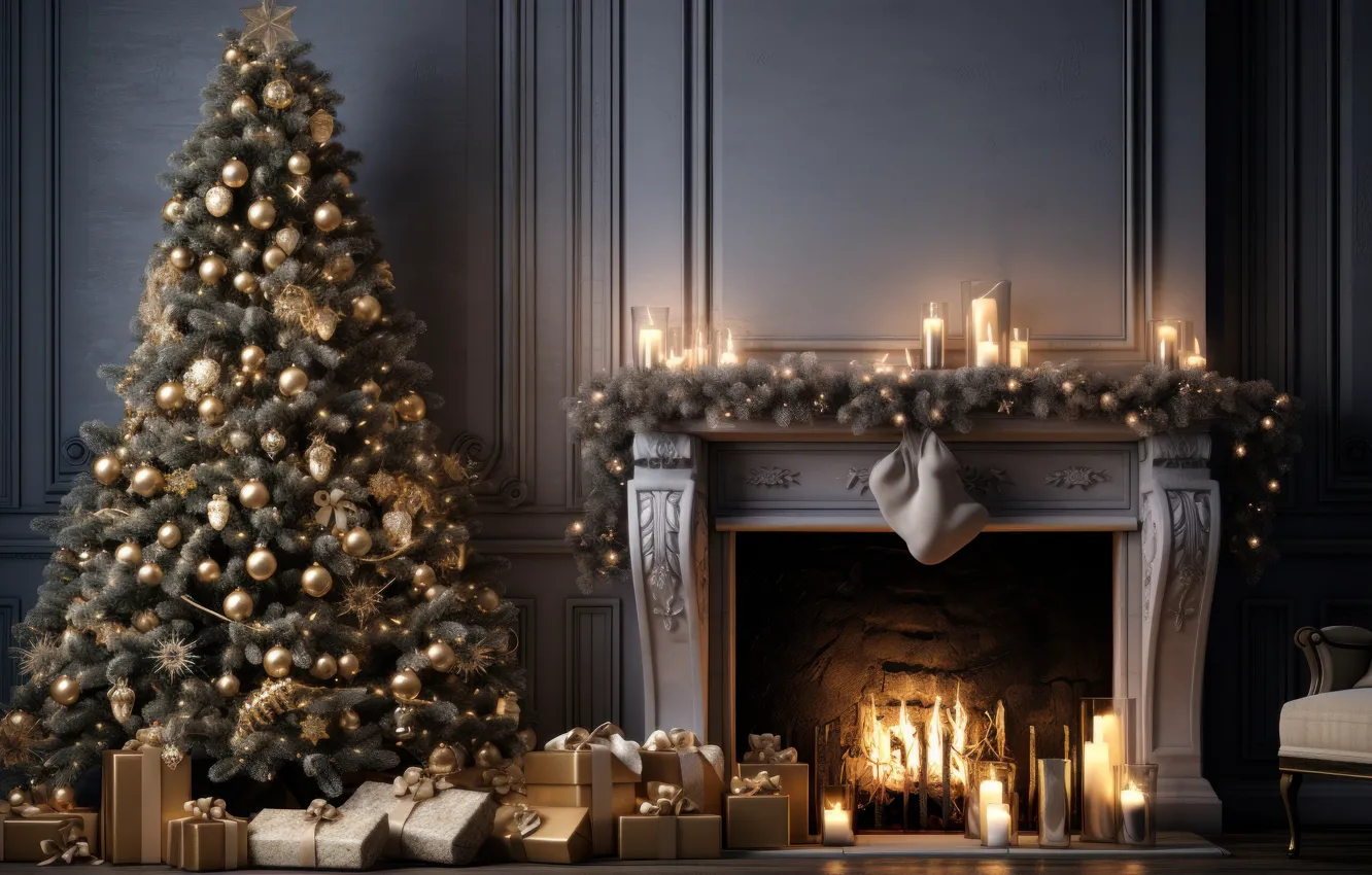 Photo wallpaper lights, comfort, heat, room, flame, furniture, new year, home