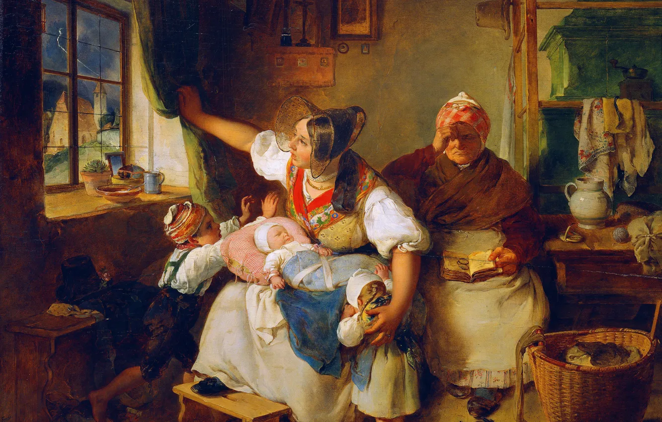 Photo wallpaper the storm, children, lightning, woman, grandma, picture, window, scary