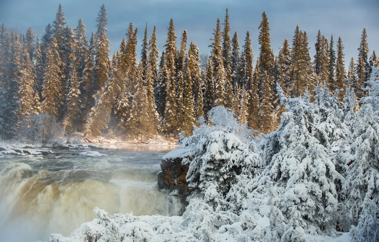 Photo wallpaper winter, forest, river, waterfall, ate, Canada, Canada, Manitoba