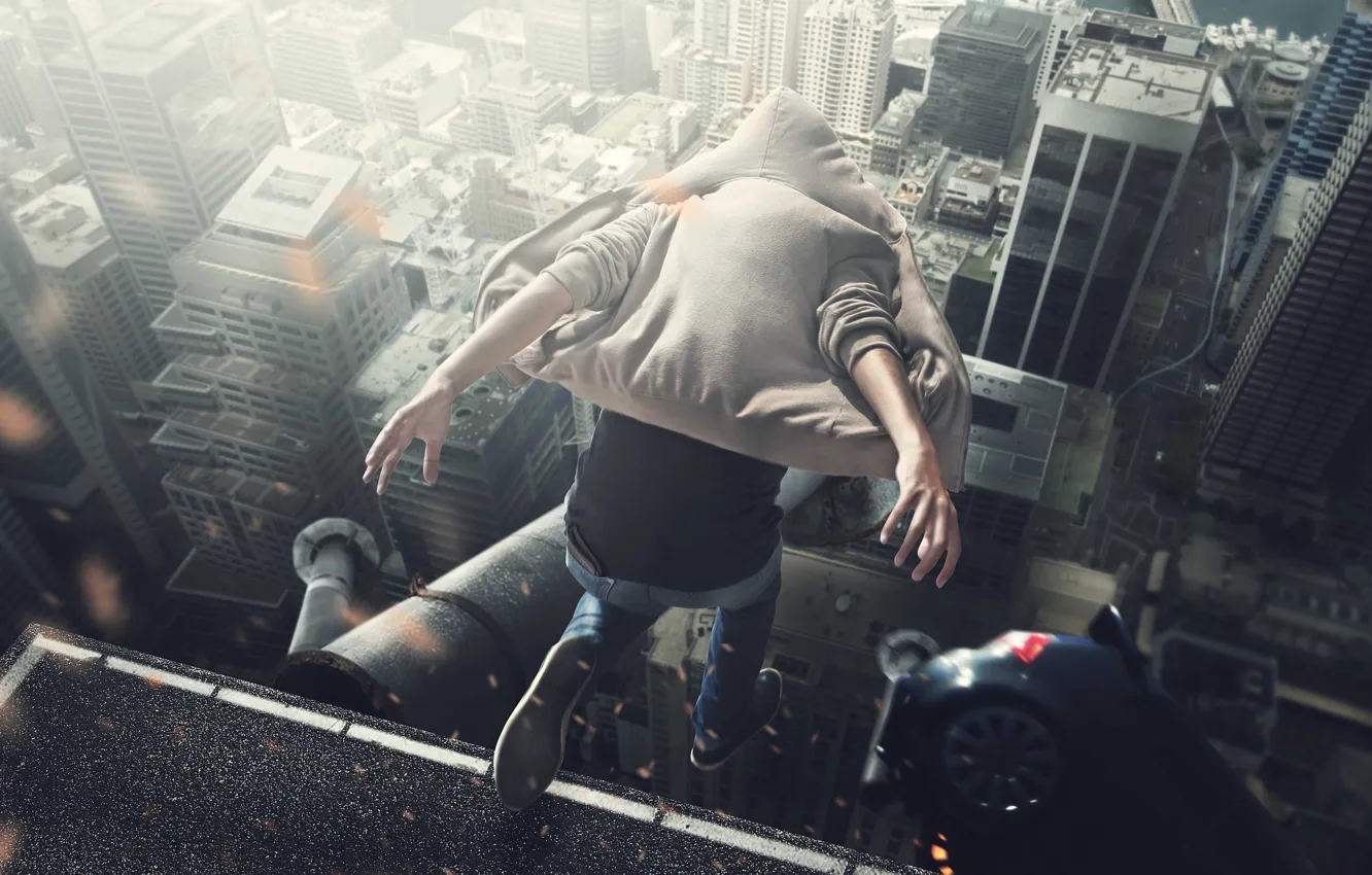 Photo wallpaper roof, machine, the city, jump, height, guy, roof