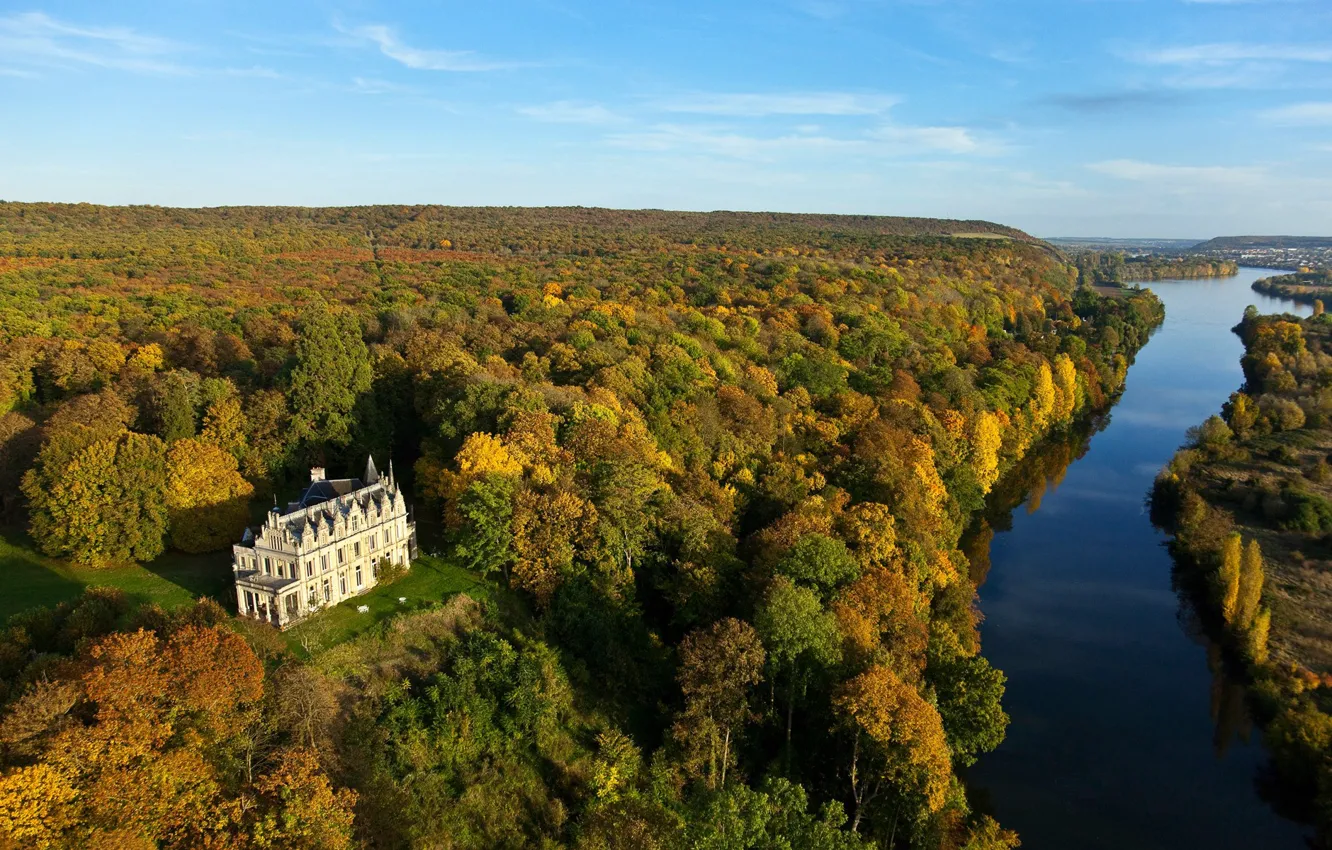 Photo wallpaper autumn, forest, river, castle, France, Hay, Normandy, Chateau-de-La-Madeleine