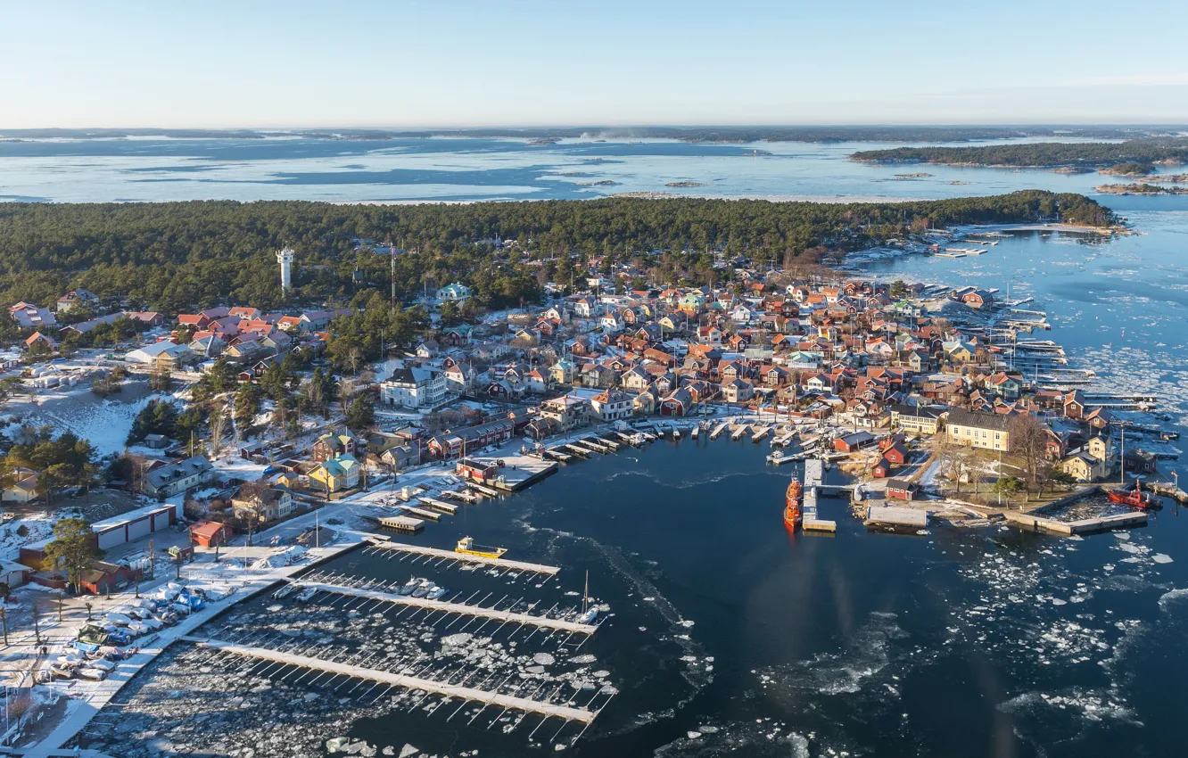 Photo wallpaper the city, coast, horizon, top, Sweden, Sandhamn