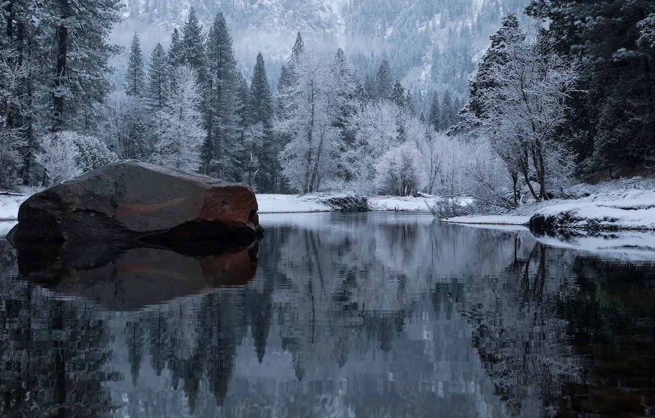 Photo wallpaper winter, forest, lake, stones, CA, USA, Yosemite, national Park