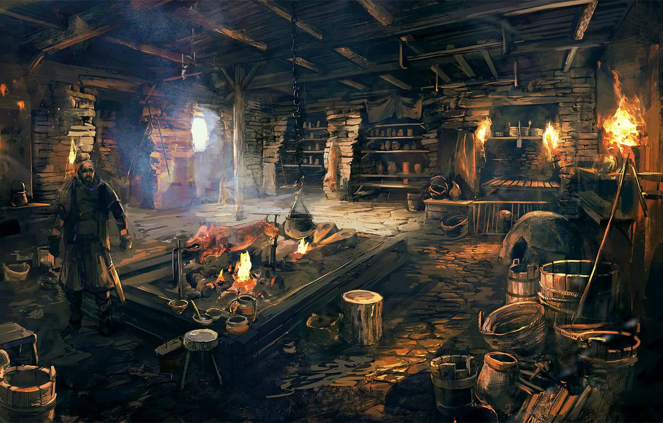 Photo wallpaper fire, kitchen, the sorcerer, bucket, spit, the Witcher