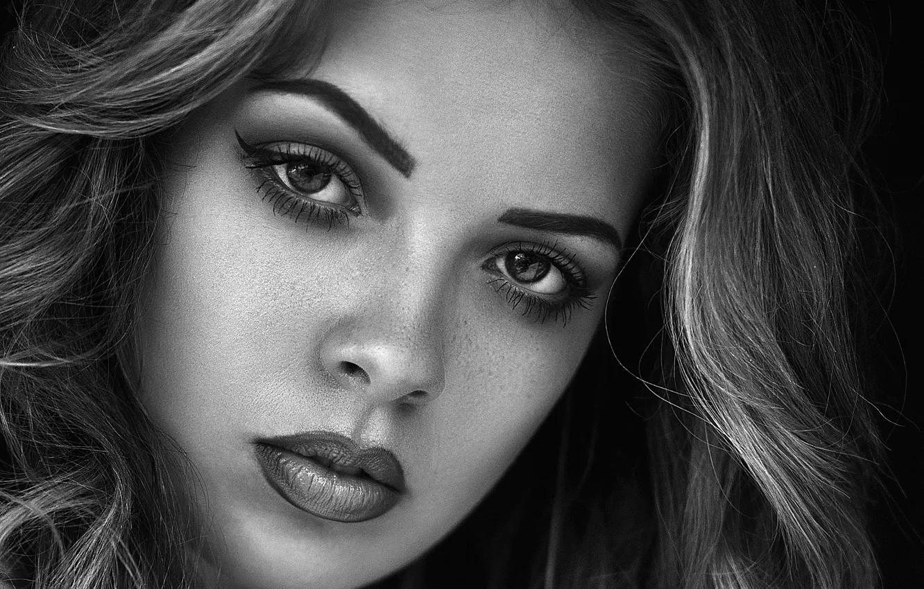 Photo wallpaper look, close-up, face, model, portrait, makeup, hairstyle, black and white