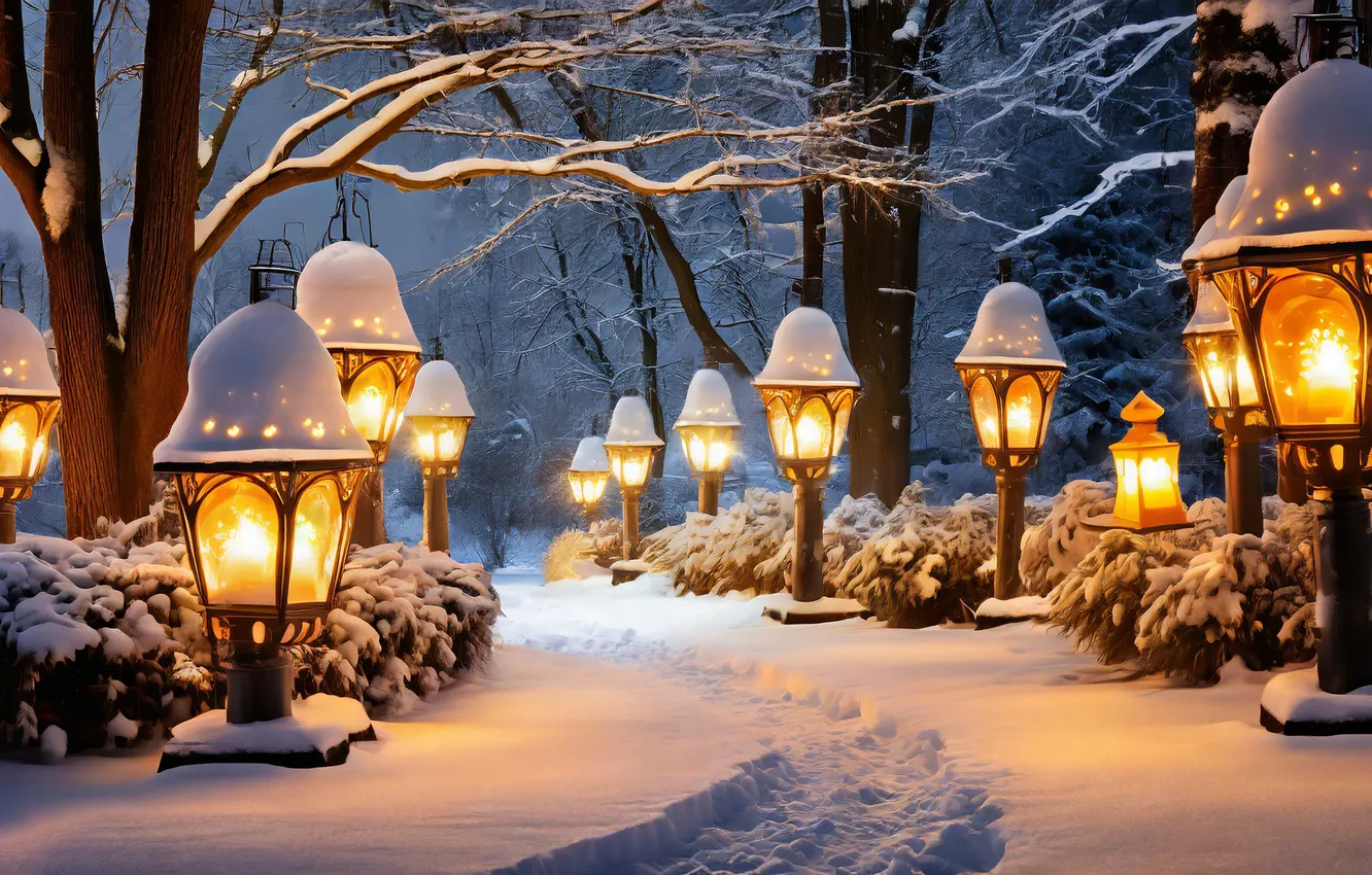 Photo wallpaper winter, snow, night, new year, Christmas, lights, Christmas, night