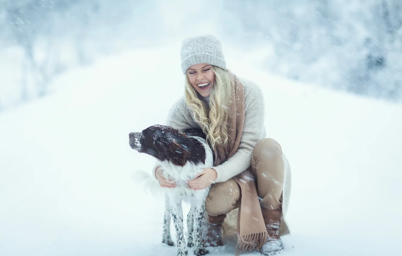 Photo wallpaper winter, road, girl, snow, nature, fog, smile, Park