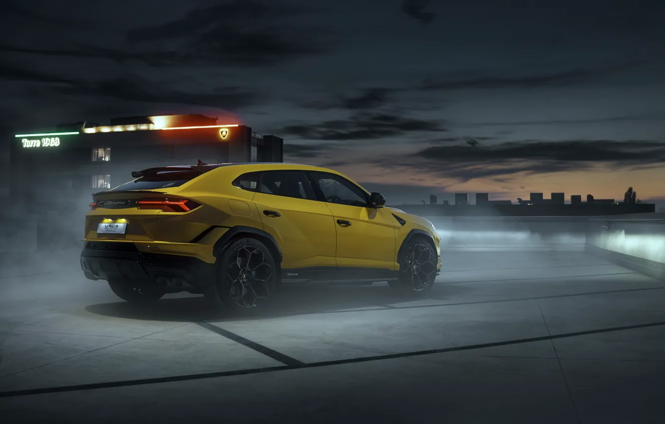 Photo wallpaper roof, auto, yellow, street, Lamborghini, Lamborghini, Lamborghini Urus, Performante