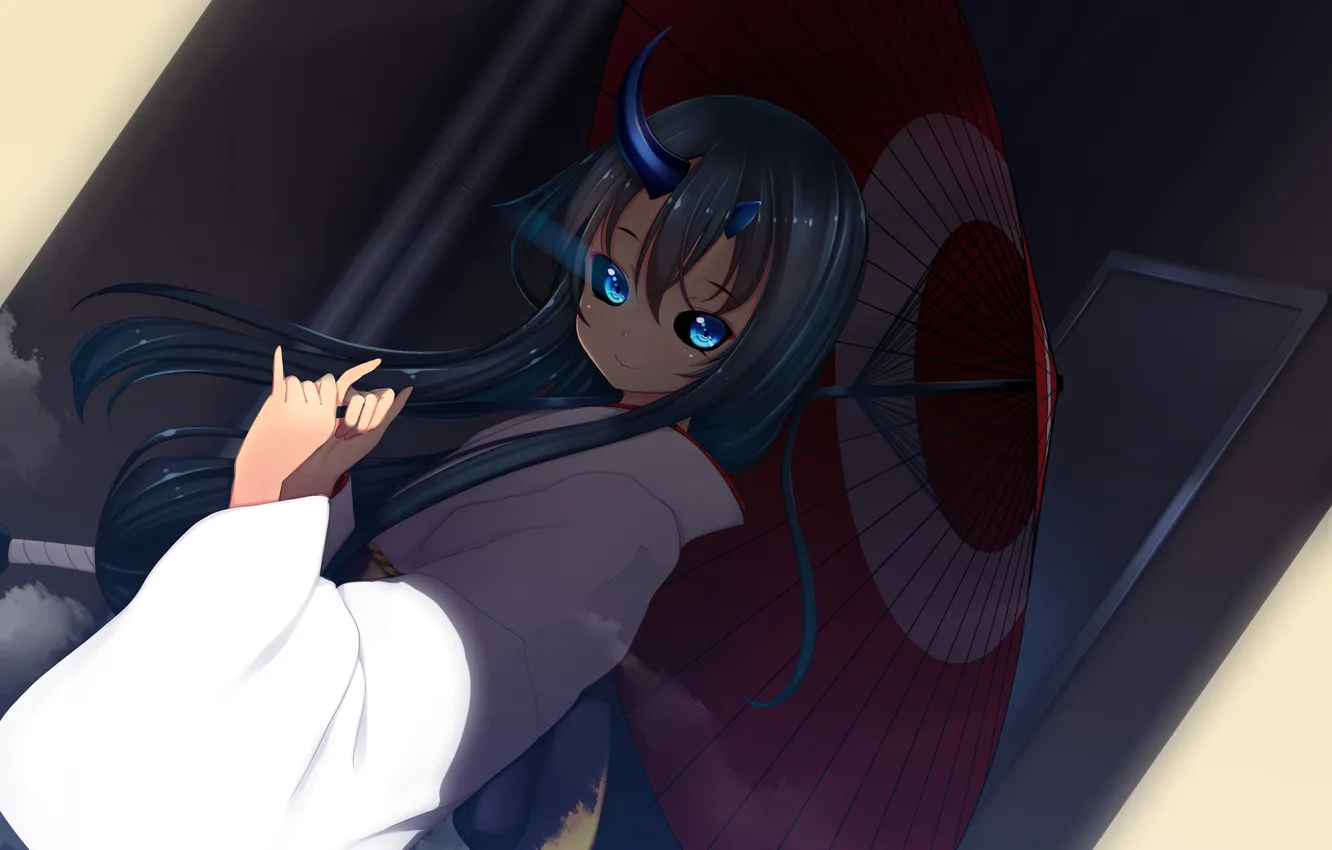 Photo wallpaper look, girl, smile, umbrella, horns, yukata, art, kiyomi