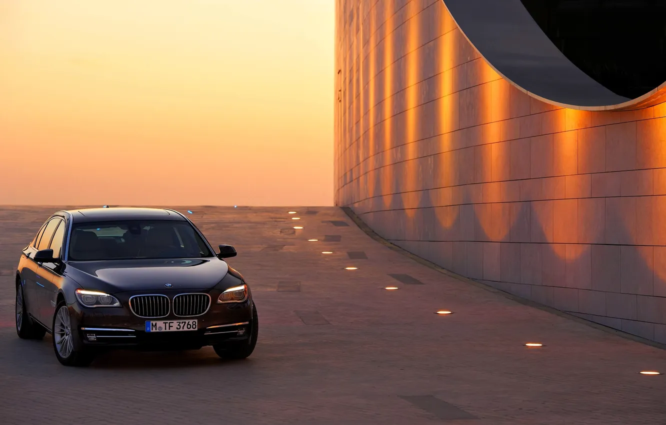 Photo wallpaper auto, sunset, street, black, building, BMW, the front, 7 series