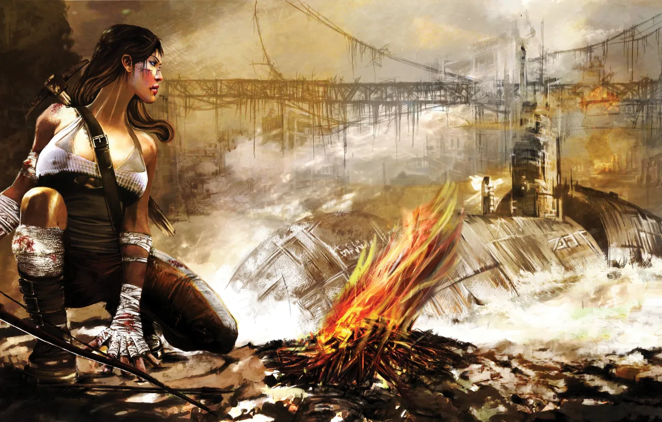 Photo wallpaper sea, wave, look, girl, face, weapons, the crash, bow