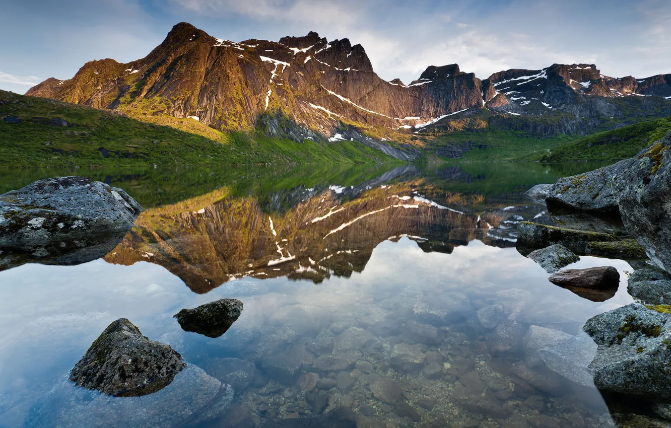 Photo wallpaper landscape, mountains, nature, lake, reflection, stones, reflection