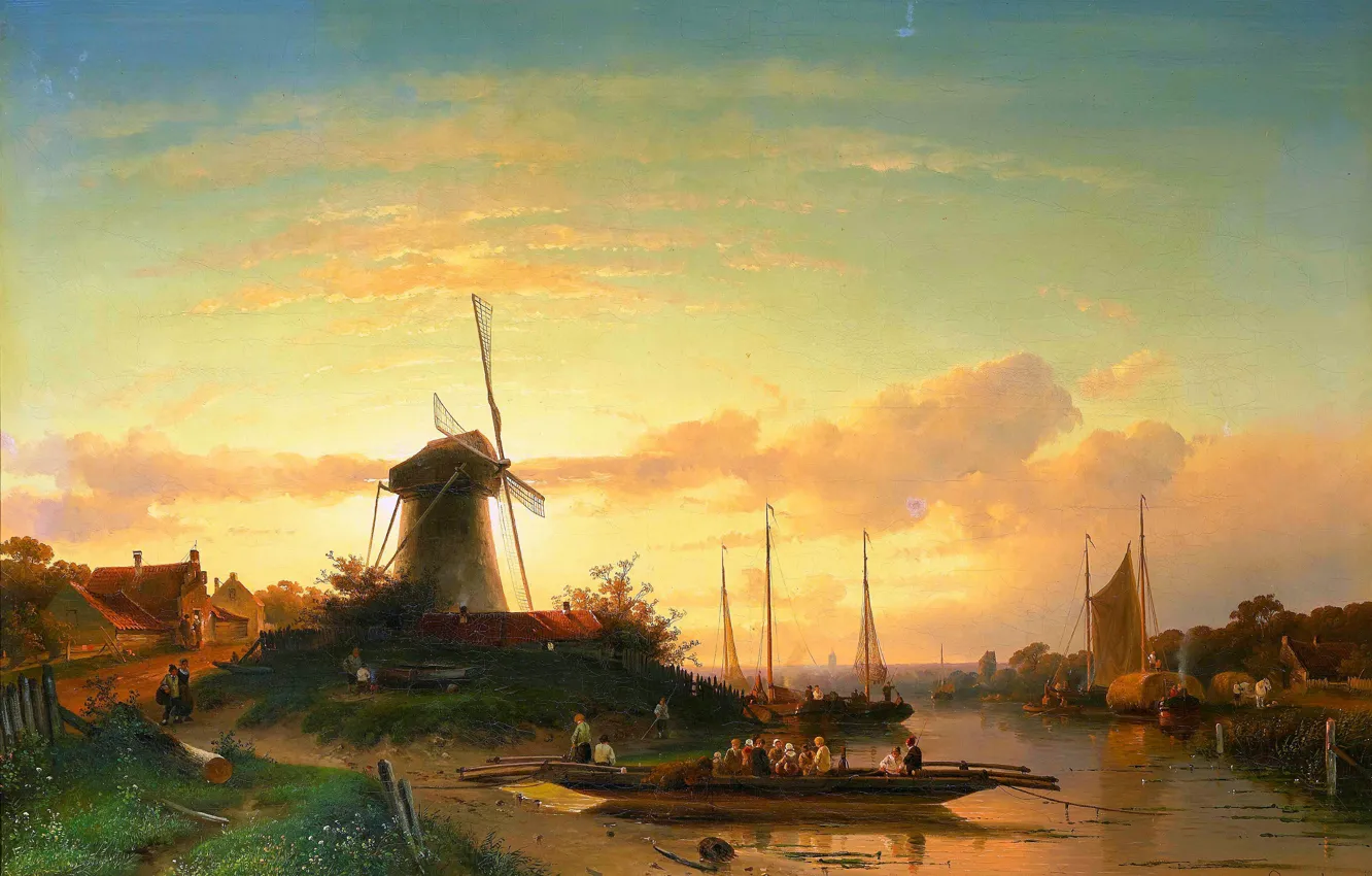 Photo wallpaper boat, people, home, picture, mill, ferry, Charles Leickert, Charles Henri Joseph Leikert