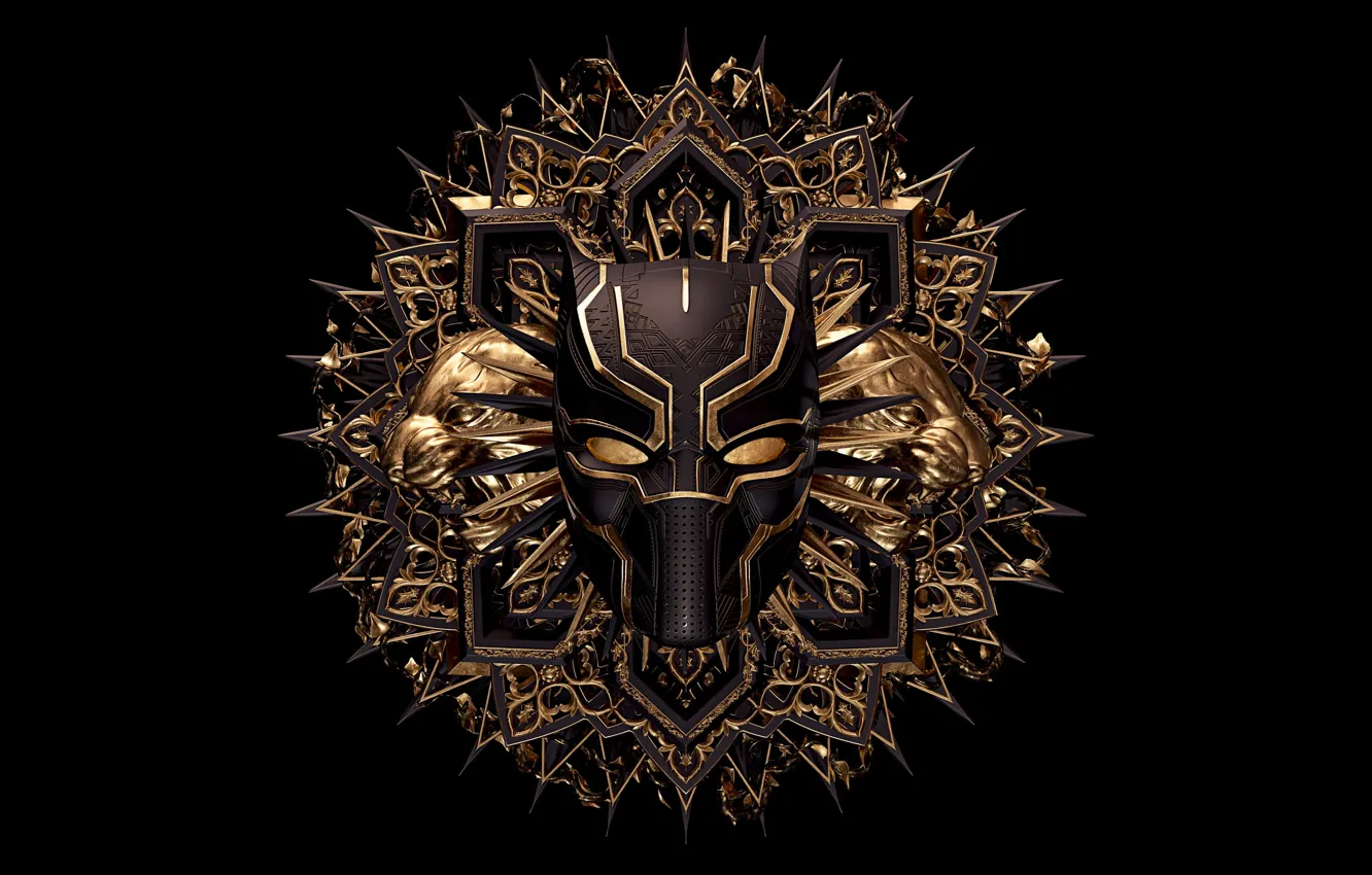 Photo wallpaper abstraction, gold, mask, black background, gold, ornament, abstraction, mask
