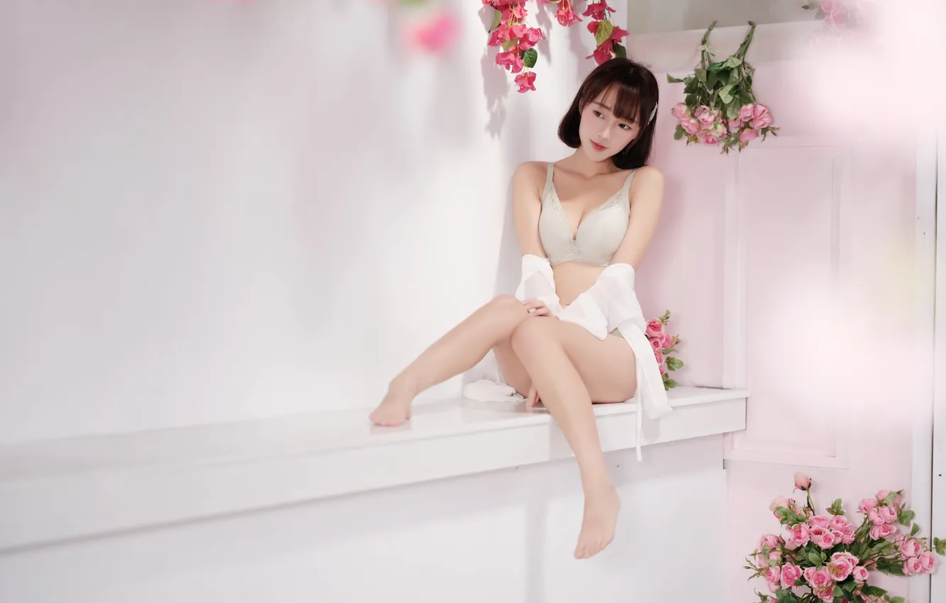 Photo wallpaper girl, flowers, Asian