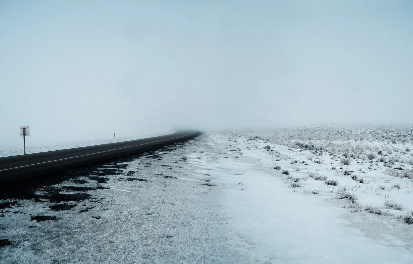 Photo wallpaper winter, road, snow, fog