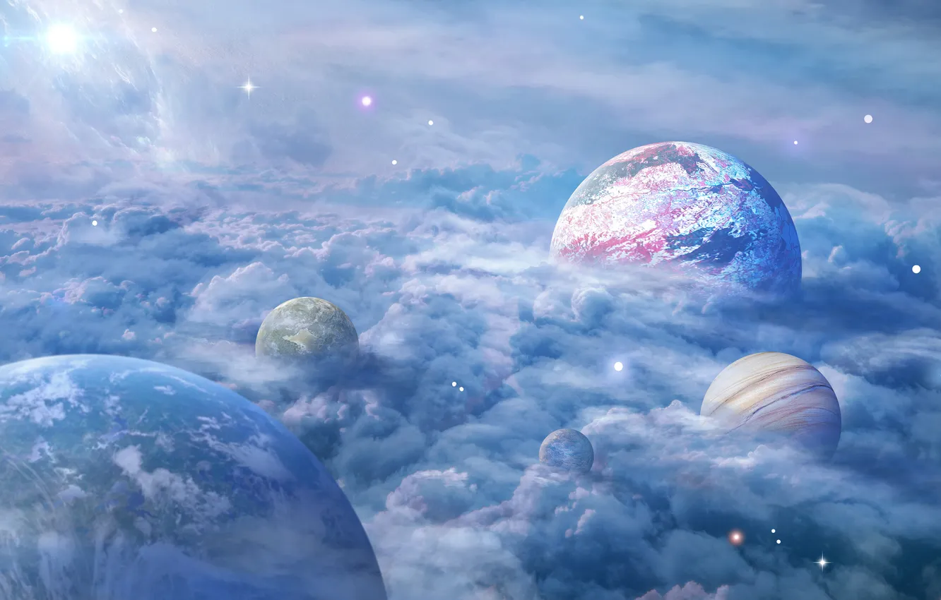 Photo wallpaper space, clouds, rendering, fiction, planet