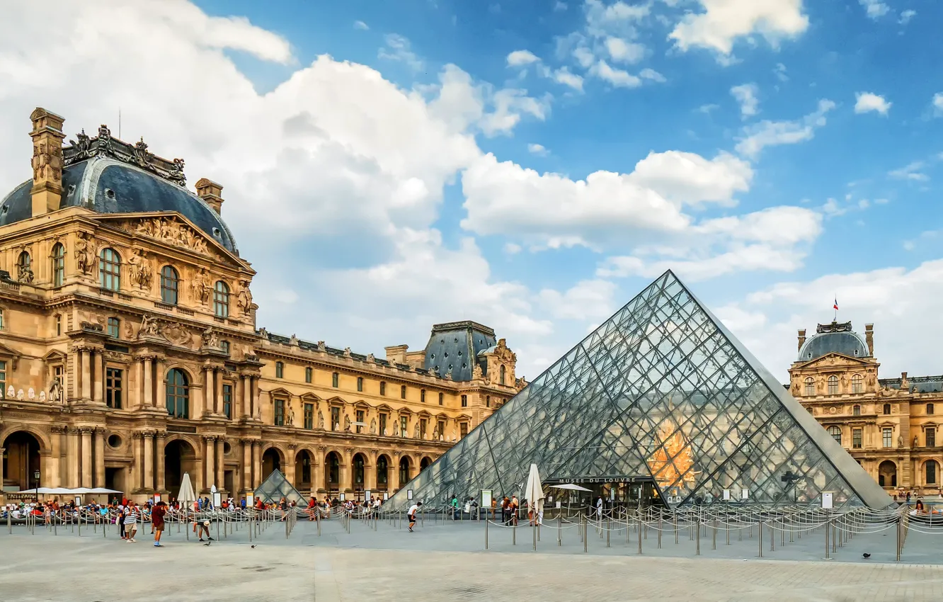 Photo wallpaper design, people, France, Paris, The Louvre, area, pyramid, Paris