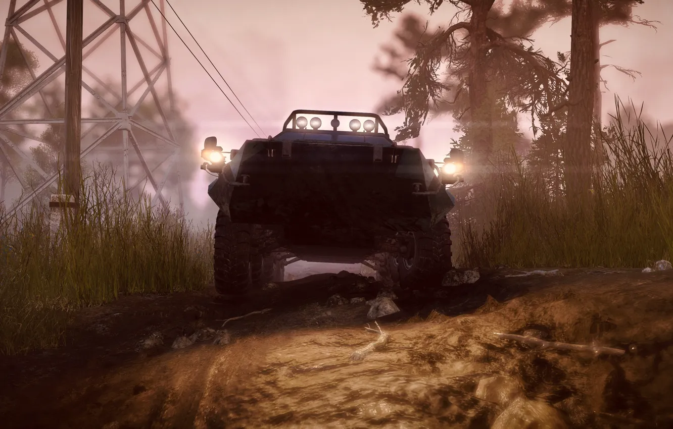 Photo wallpaper lights, HDR, game, evening, truck, mud, UHD, mast