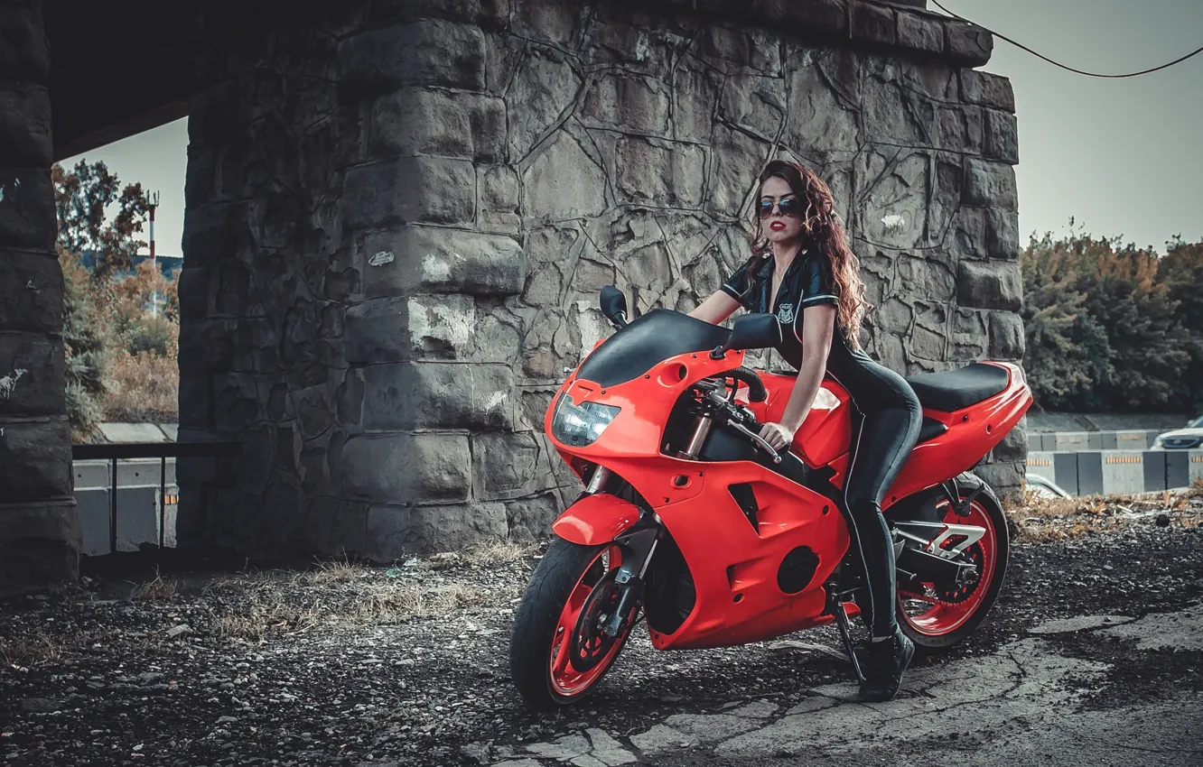 Photo wallpaper Girl, Red, Model, Hair, Motocycle, Points, Tight Clothing