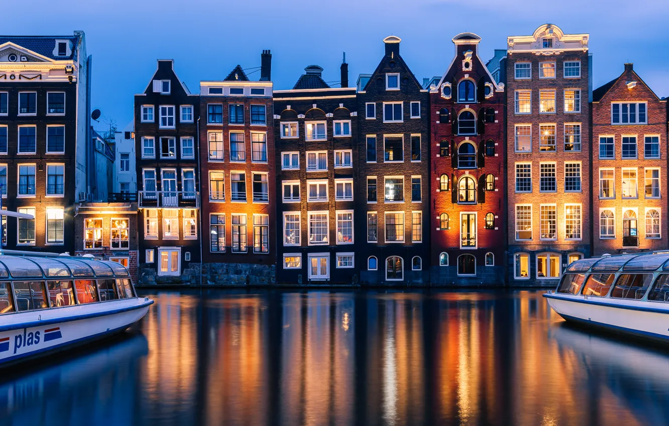 Photo wallpaper the city, home, the evening, lighting, Amsterdam, channel, Netherlands, Holland