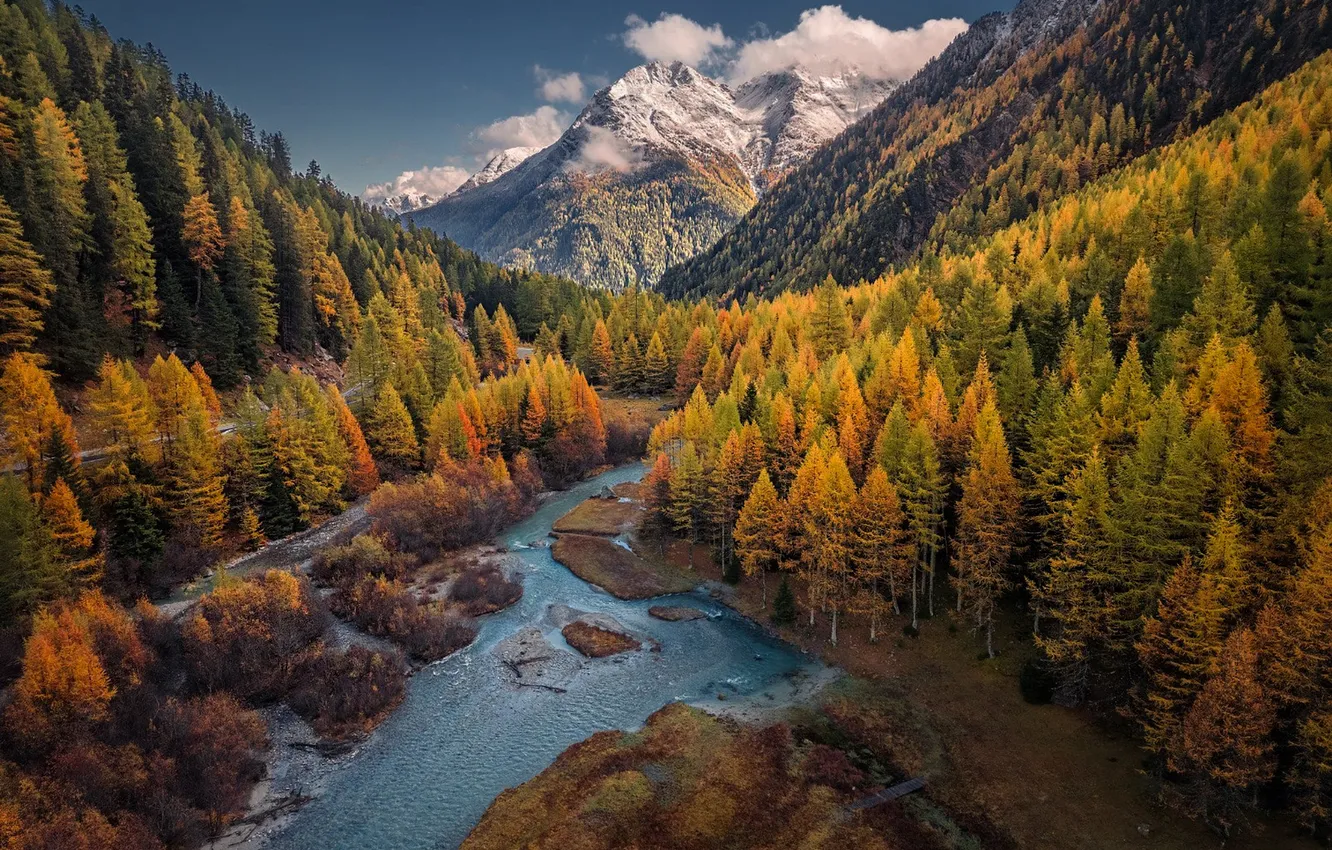 Photo wallpaper autumn, forest, mountains, river, shore, height