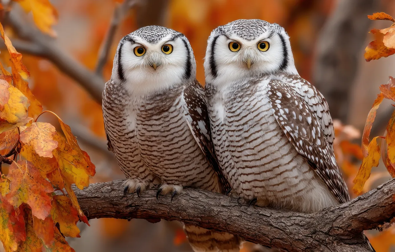 Photo wallpaper autumn, look, trees, branches, owl, bird, foliage, a couple
