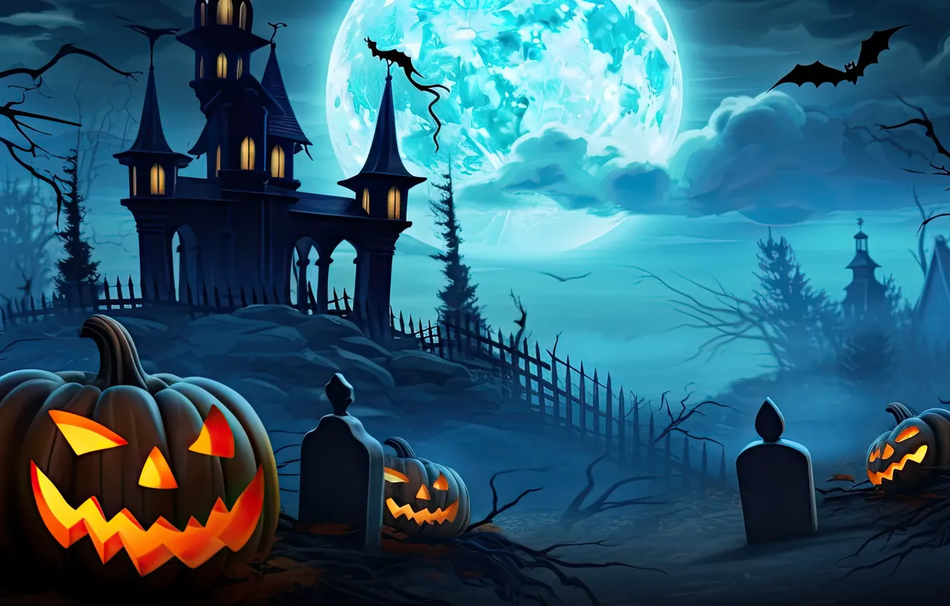 Photo wallpaper autumn, the sky, clouds, trees, night, branches, lights, fog