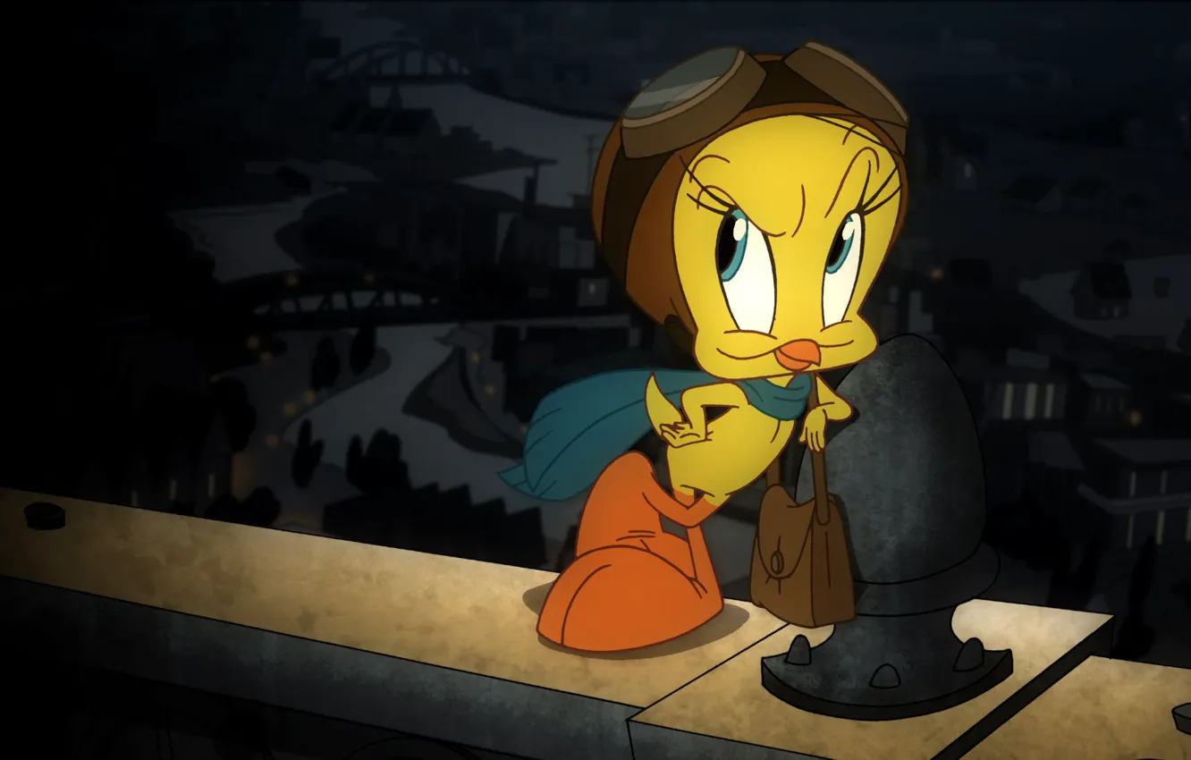 Photo wallpaper the city, bird, scarf, Looney Tunes, Tweety, Canary