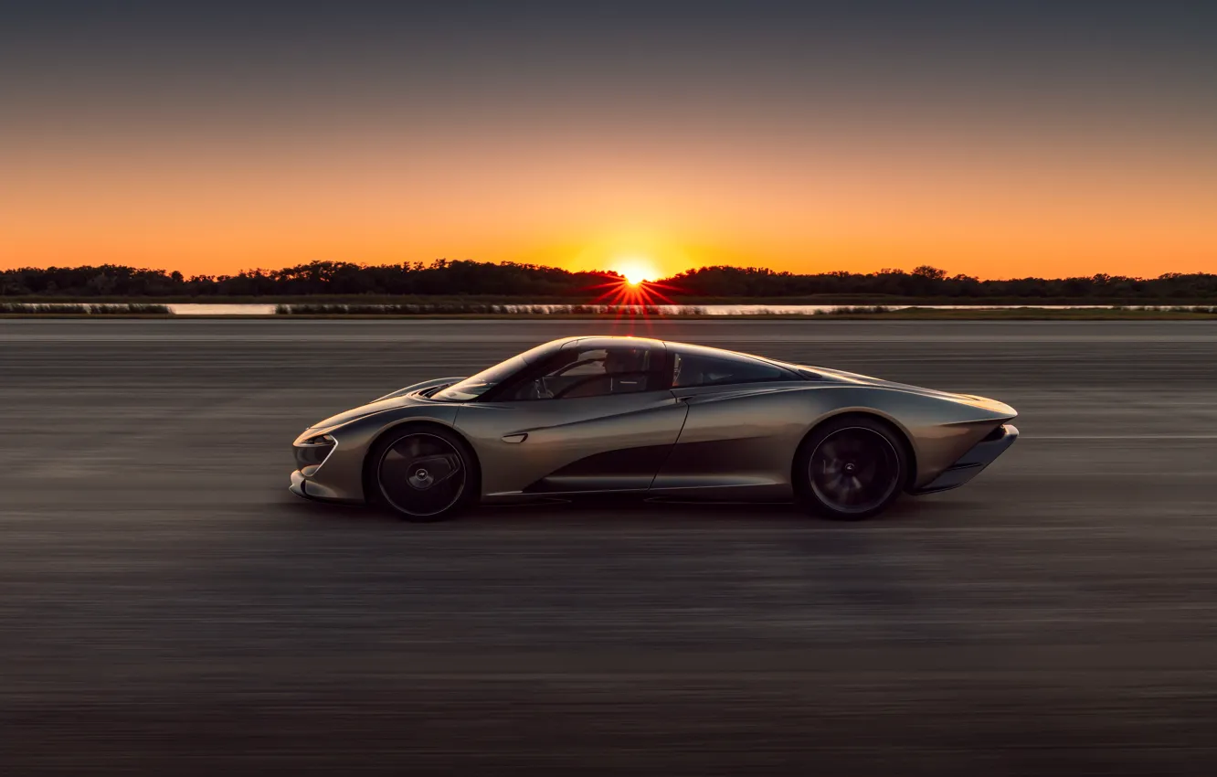Photo wallpaper sunset, McLaren, speed, the evening, supercar, side view, hypercar, 2019