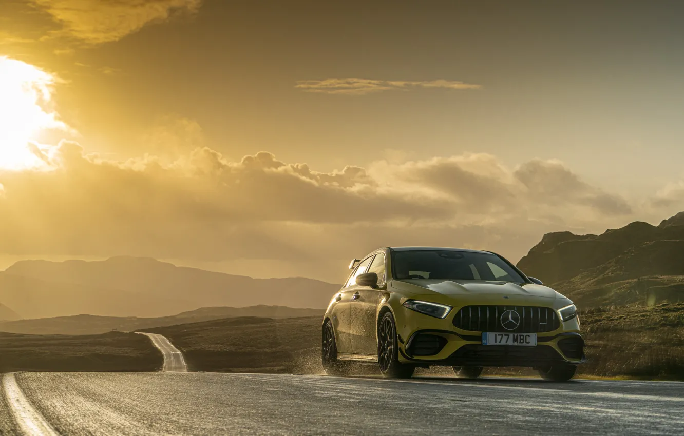 Photo wallpaper road, sunset, Mercedes-Benz, AMG, hatchback, UK-spec, 2020, 4MATIC+