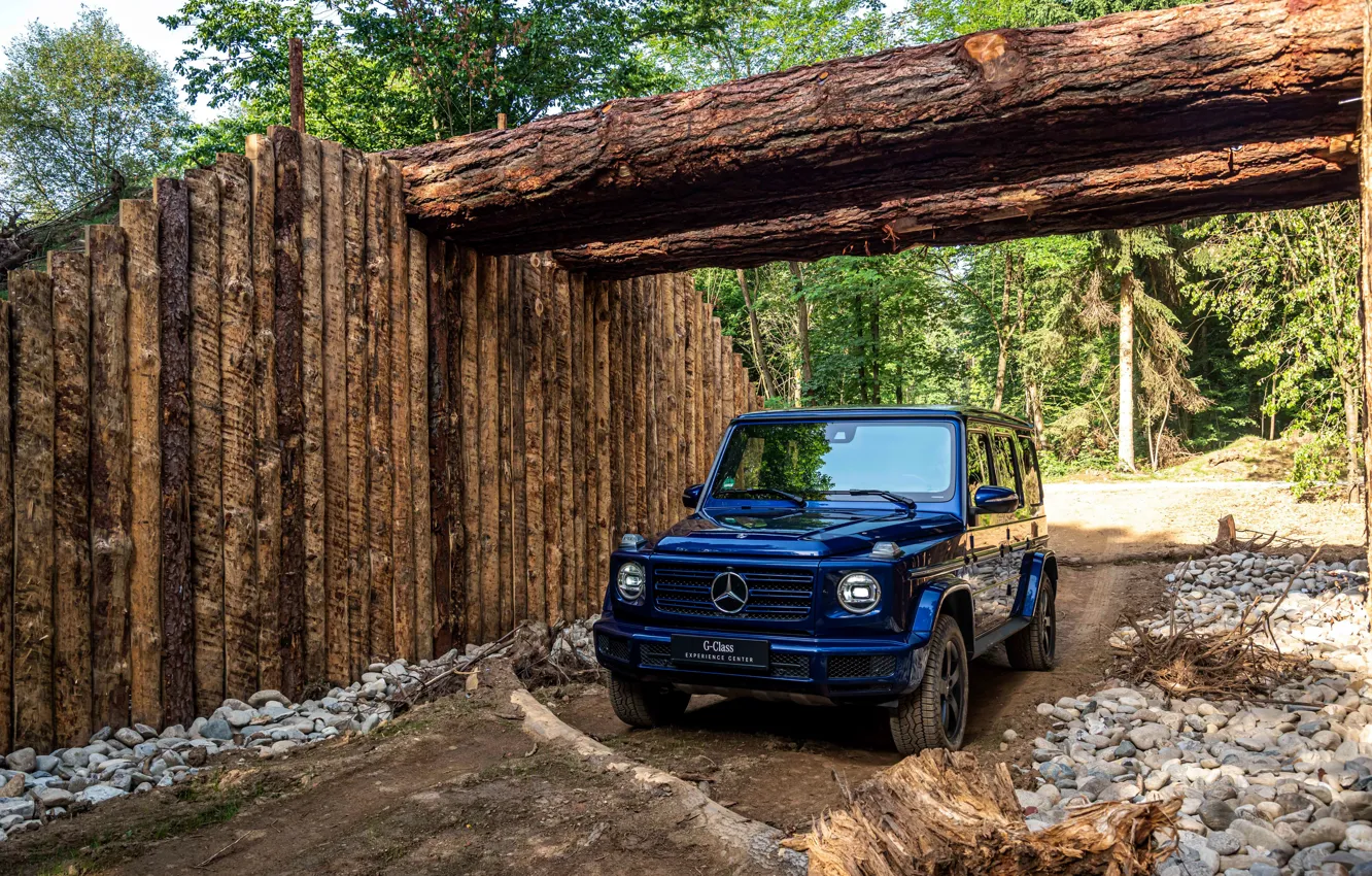 Photo wallpaper blue, Mercedes-Benz, SUV, logs, 4x4, G-Class, 2019