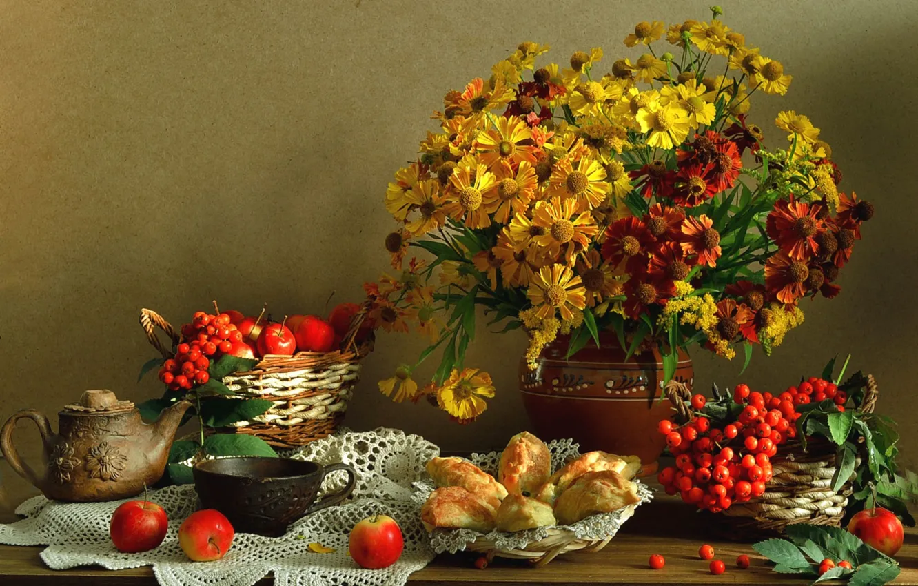Photo wallpaper flowers, berries, apples, kettle, Cup, still life, cakes
