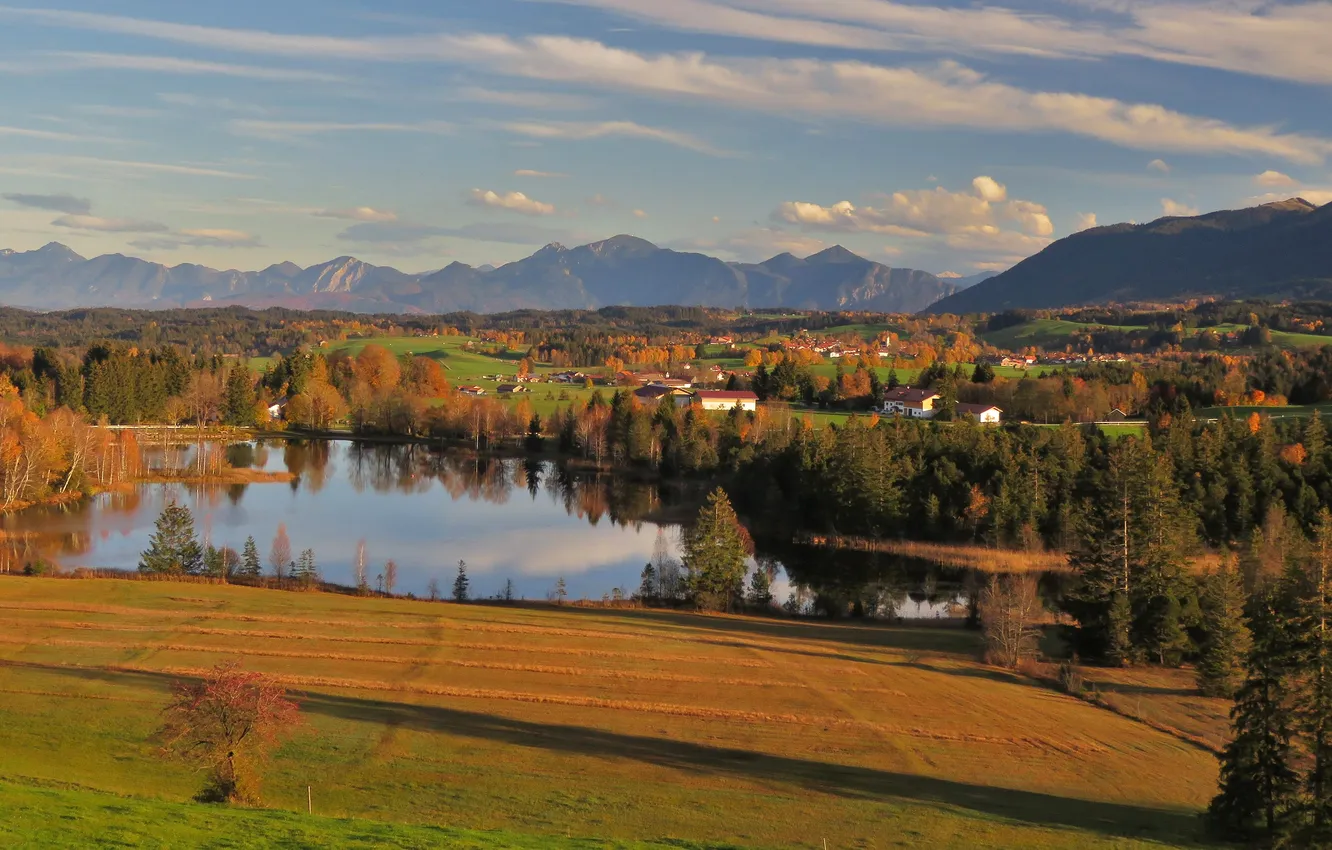Photo wallpaper field, autumn, forest, the sky, clouds, light, mountains, lake